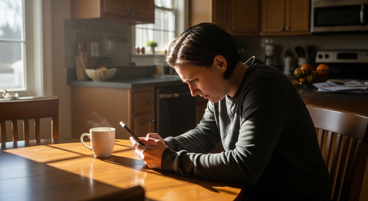 Person skeptically reading a suspicious text at home