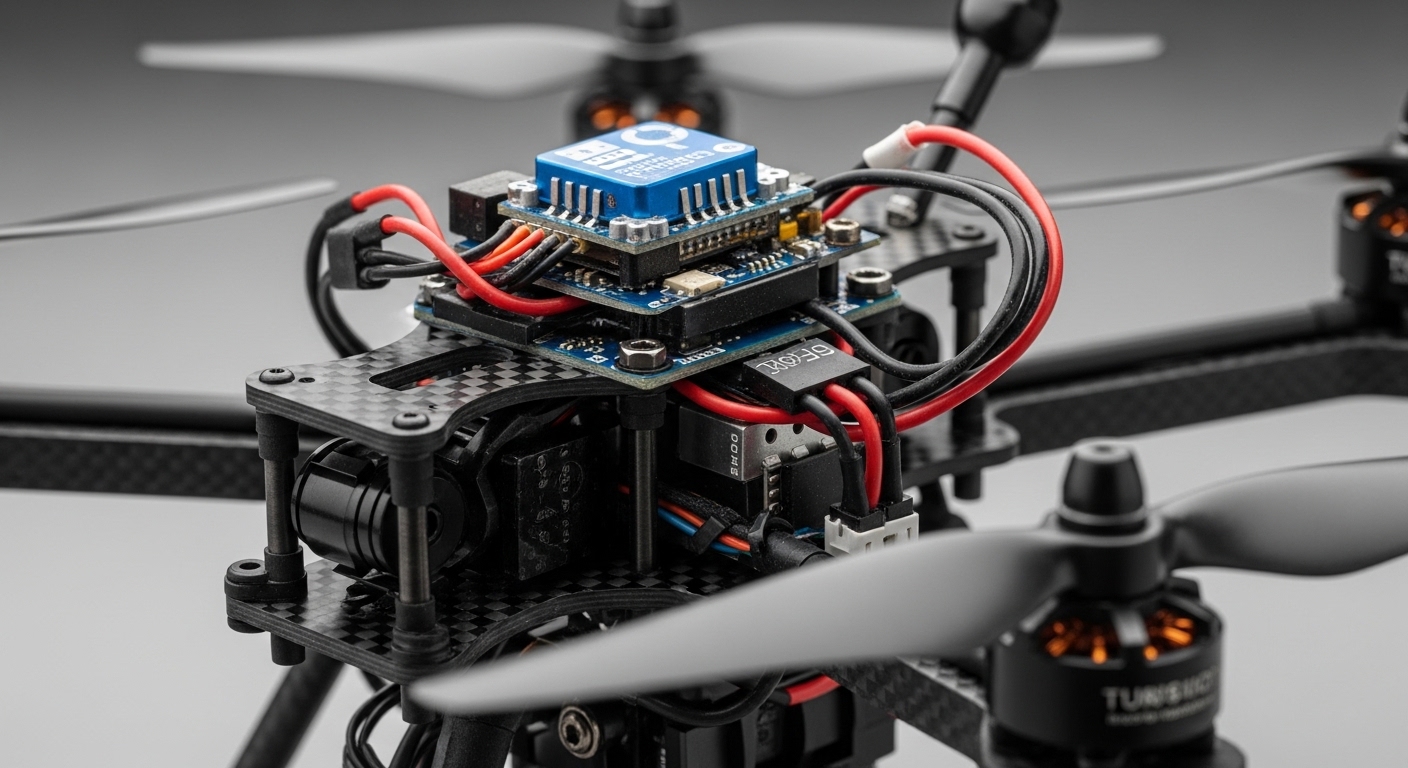 Detalhe dos quatro rotores e estrutura central de um drone