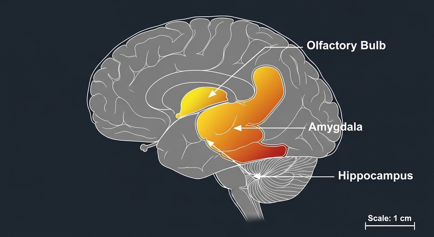 Brain diagram showing olfactory and memory pathways