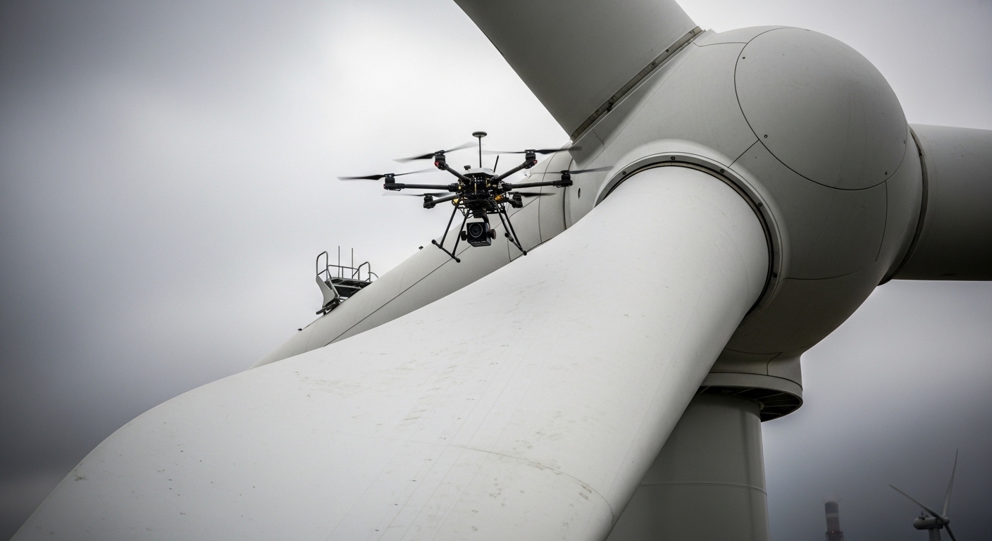 Drone inspecionando pá de turbina eólica de perto