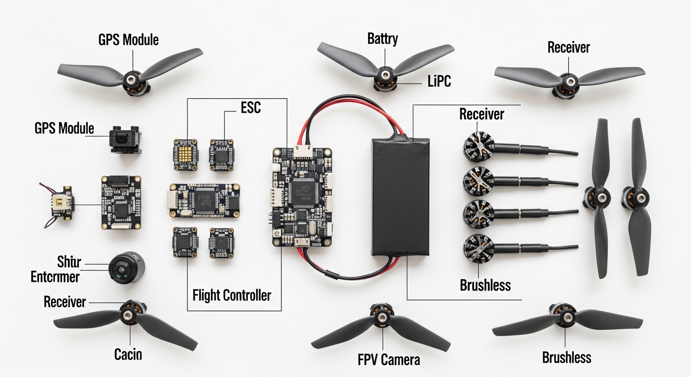 Componentes internos de um drone dispostos e identificados