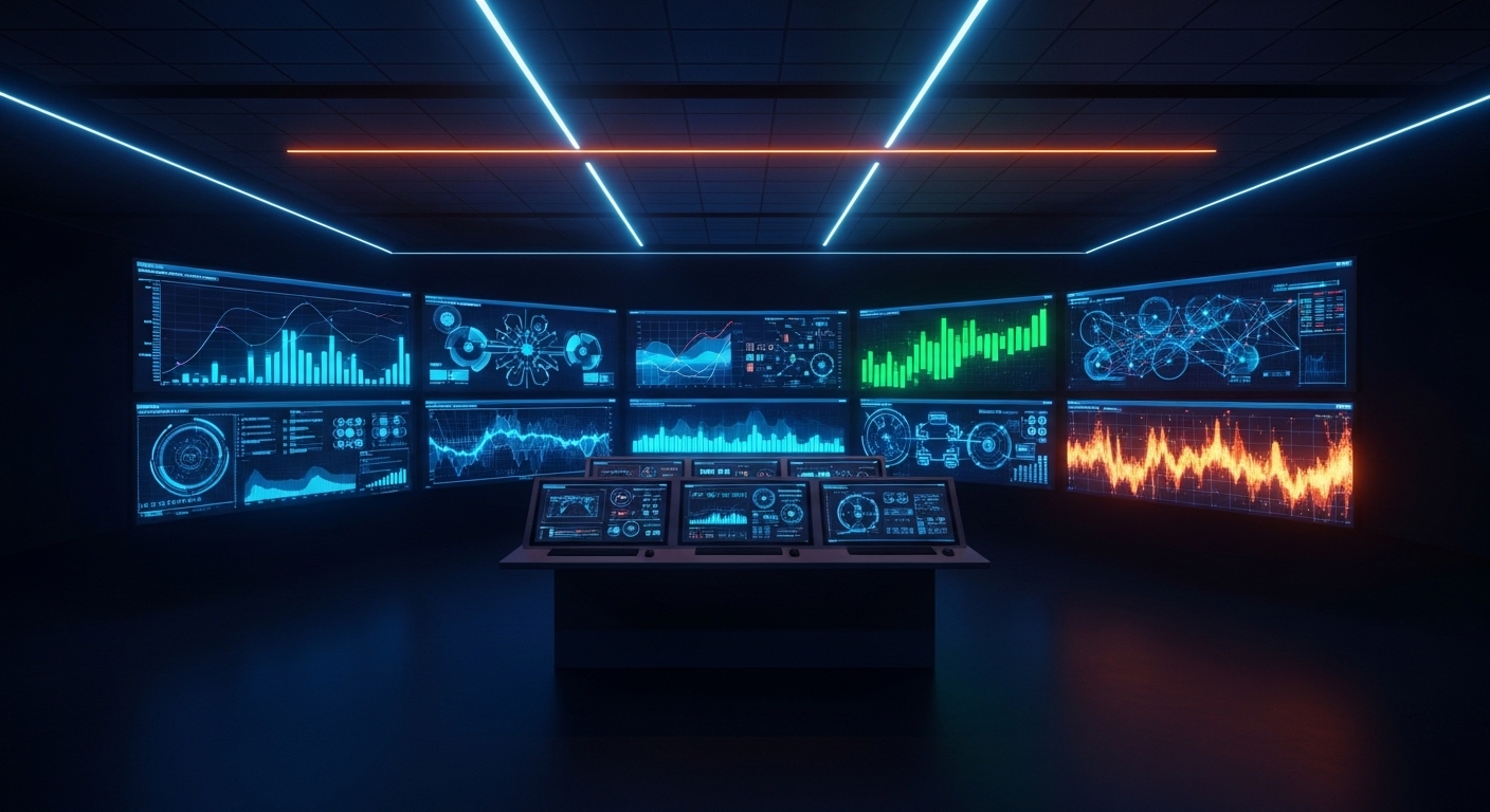 Sala de control de red eléctrica con monitores de datos