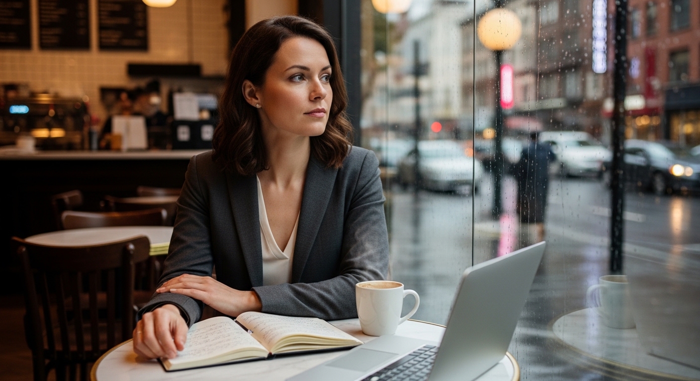 Profesional perempuan merenung sambil bekerja di kafe
