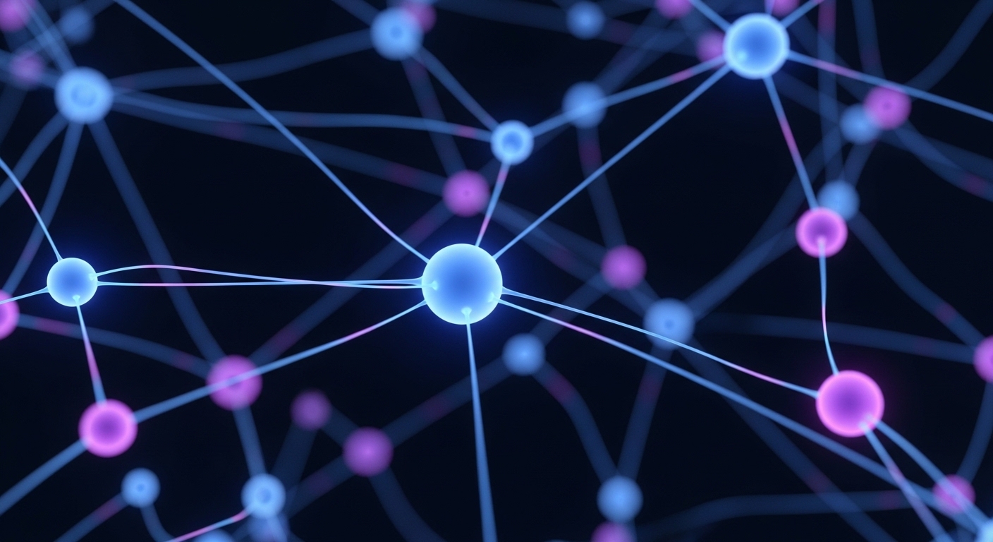 Diagrama abstracto de red neuronal con nodos brillantes