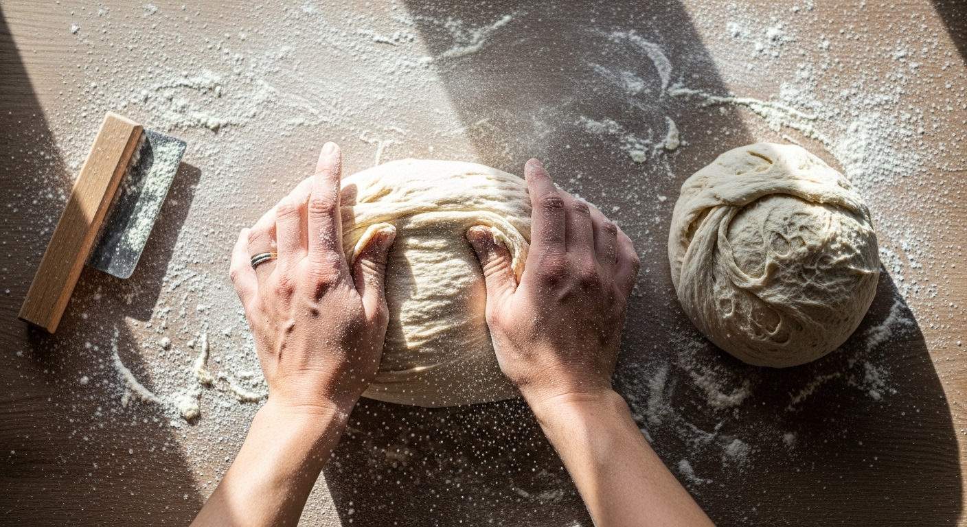 Overhead view of hands kneading bread dough on floured surface