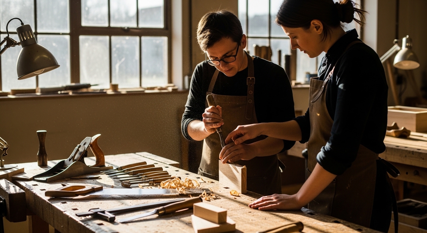 Two people in workshop demonstrating tool use