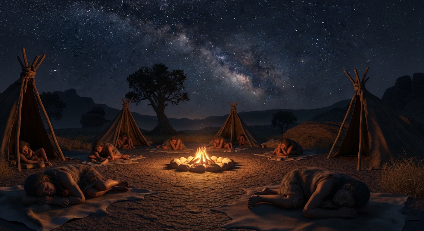 Early humans sleeping safely around campfire embers at night