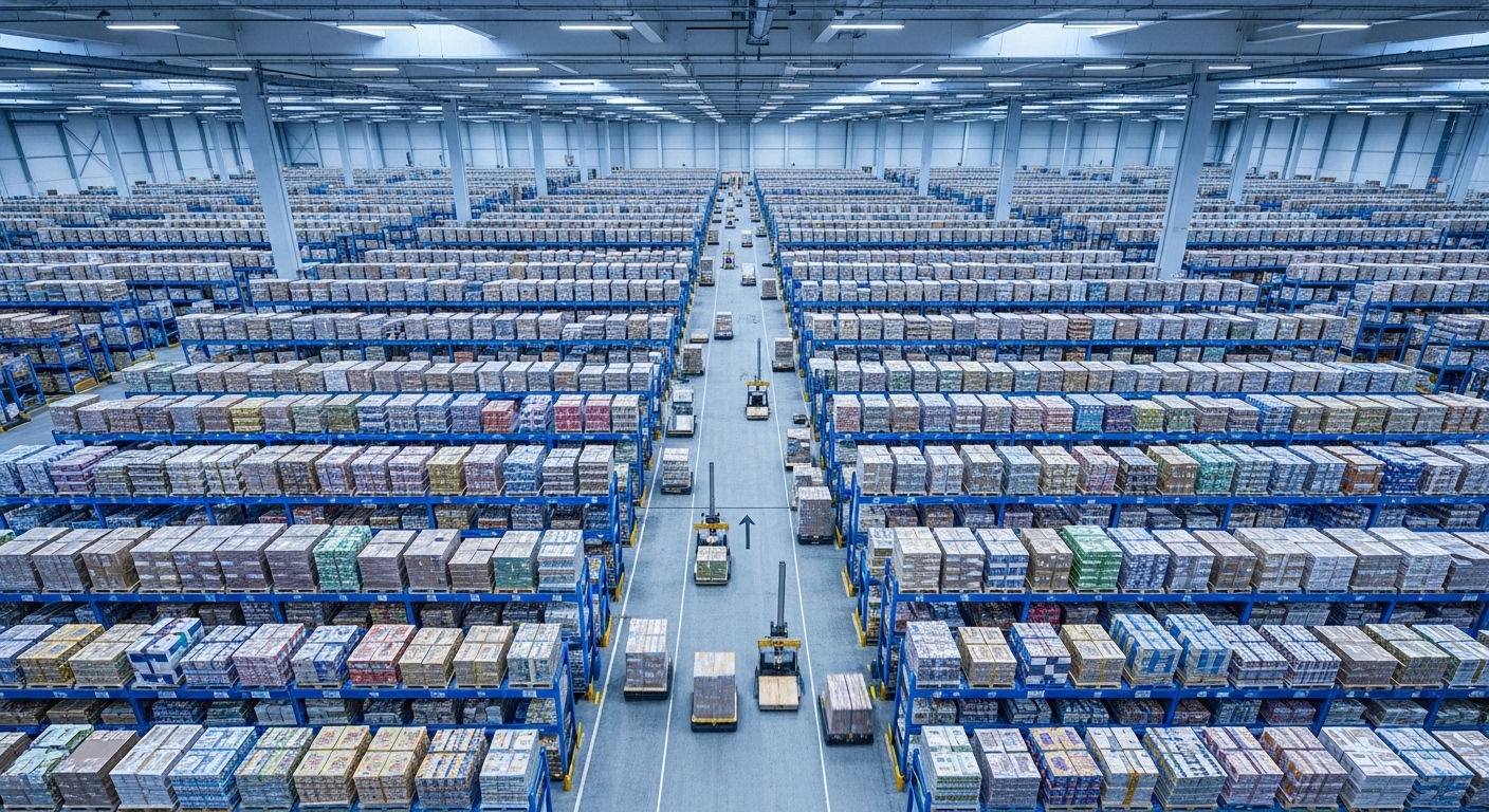 Entrepôt alimentaire automatisé vu de dessus