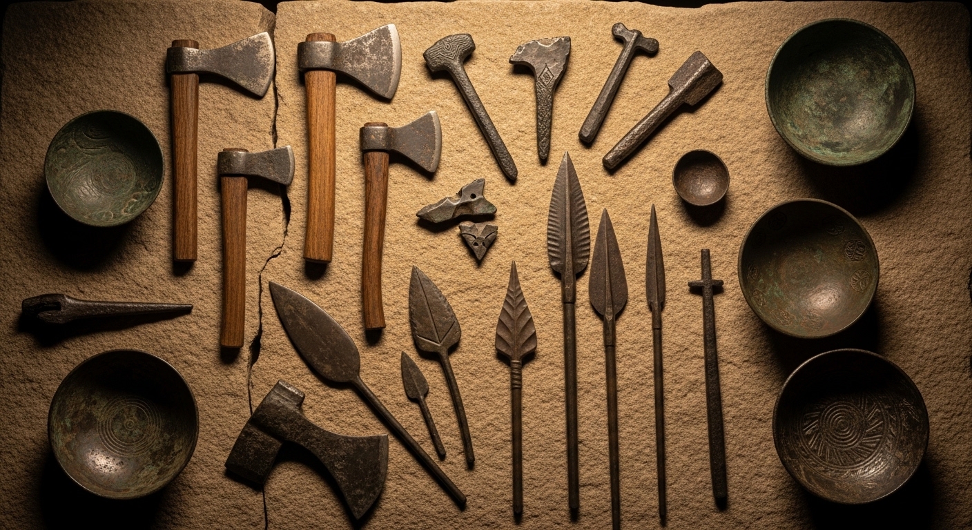 Ancient bronze and iron tools arranged on stone surface