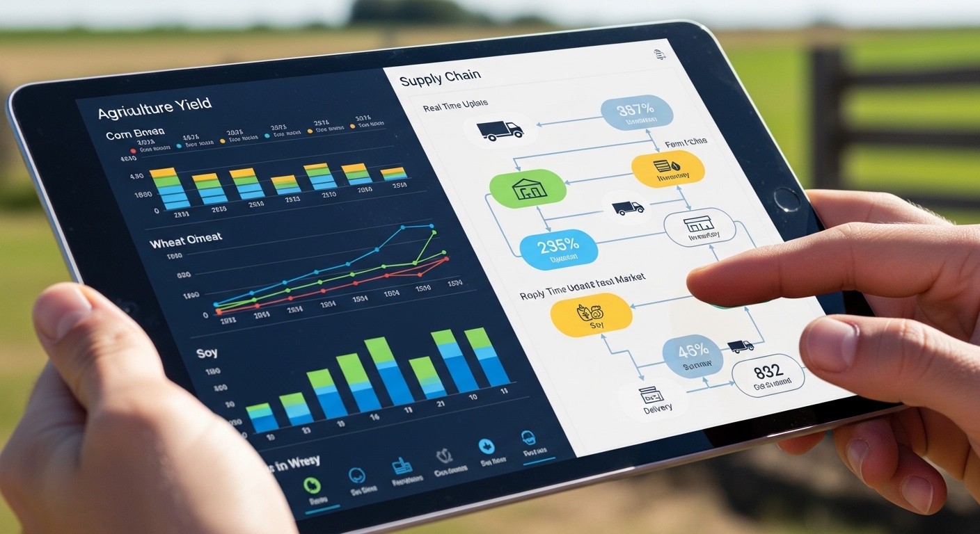 Tableau de bord IA sur tablette dans un contexte agricole