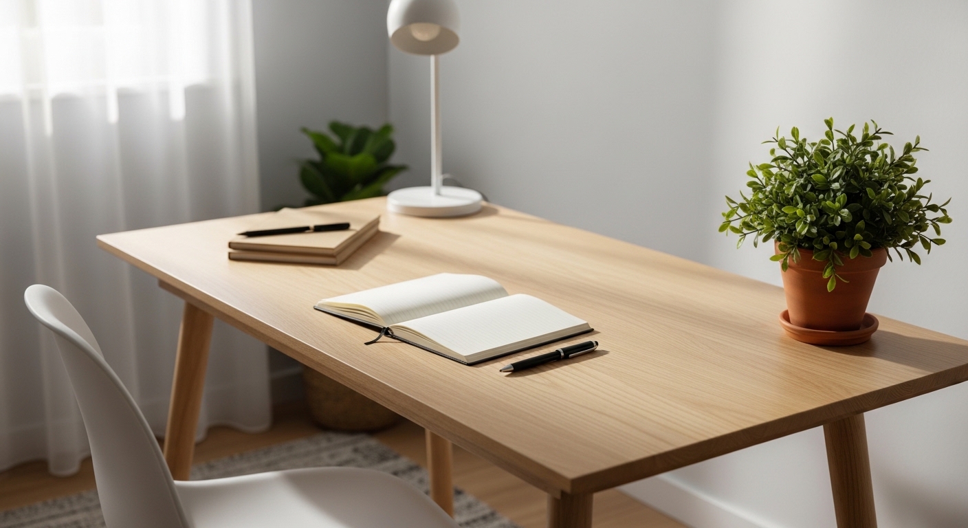 Canto de home office organizado com luz suave da manhã