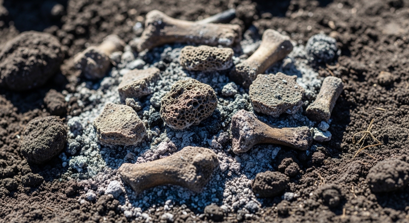 Ancient charred bones and ash at archaeological excavation site