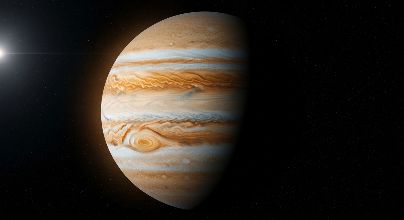 Jupiter raksasa dengan Matahari di latar belakang