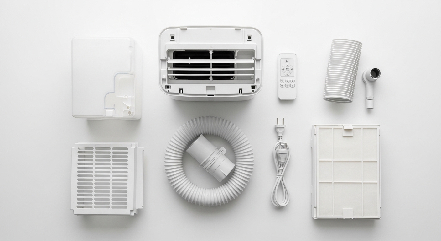 Vue aérienne des composants d'un climatiseur mobile