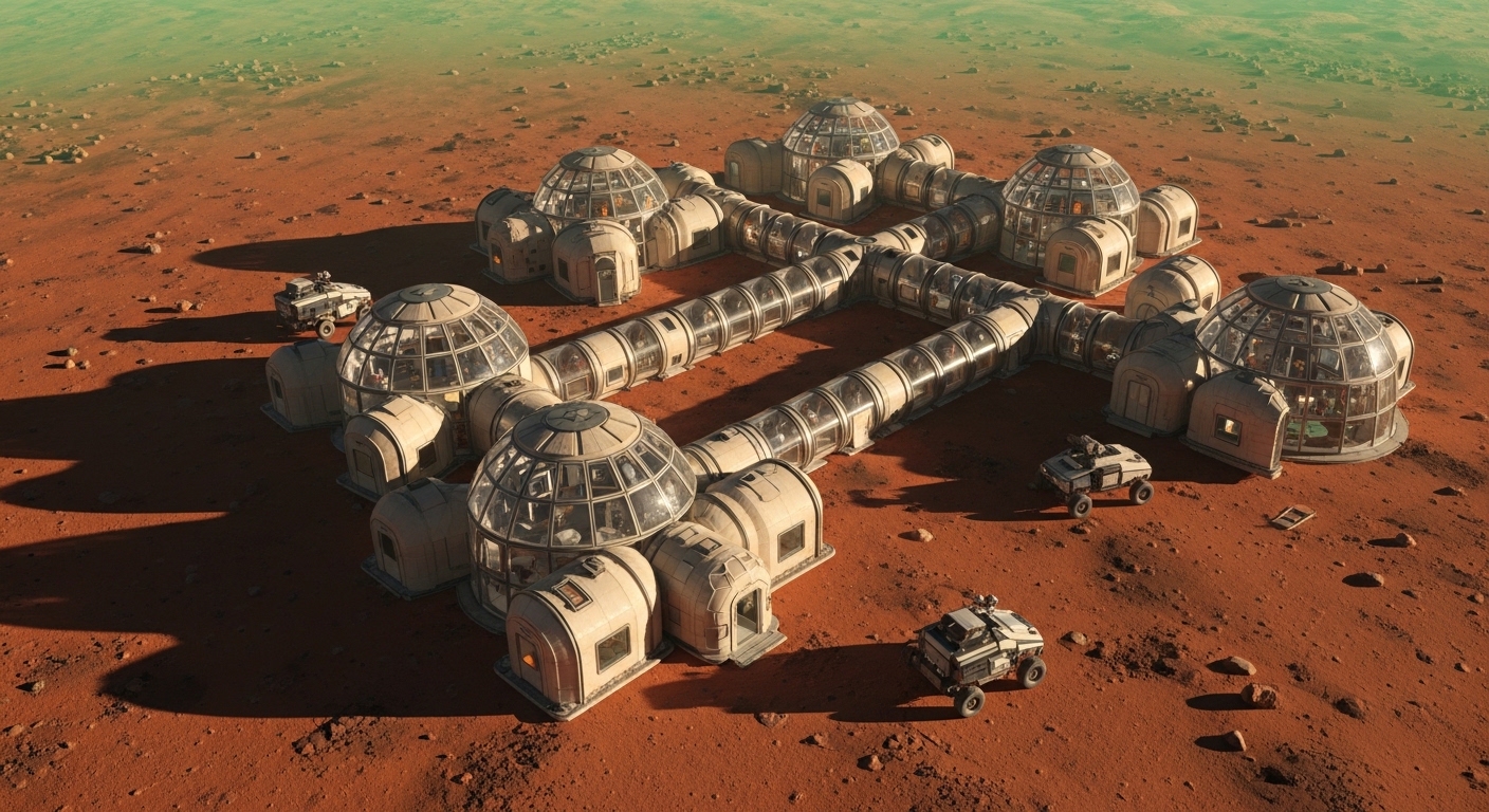 Overhead view of early Mars colony domes