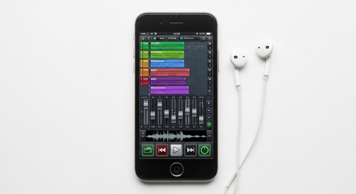 音楽制作アプリを表示した古いスマートフォンの俯瞰図