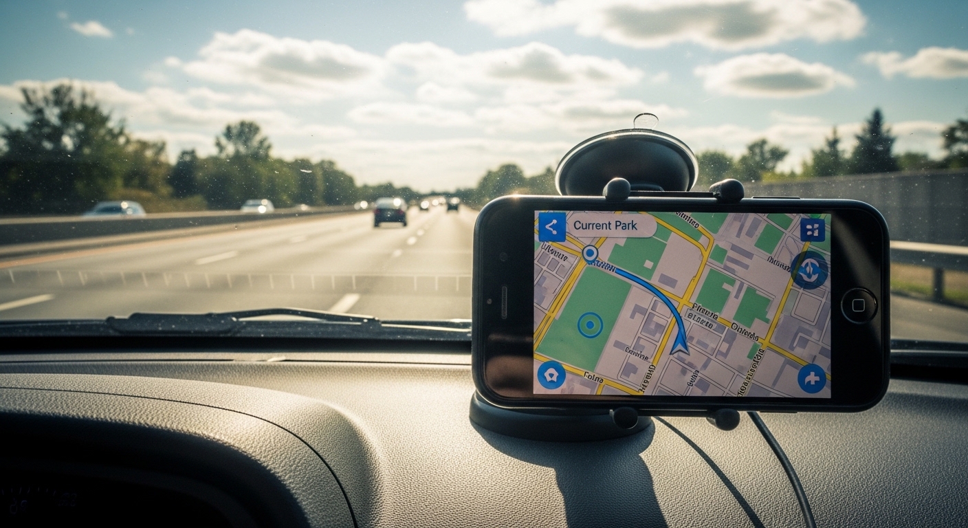 カーマウントに固定されナビを表示している古いスマートフォン