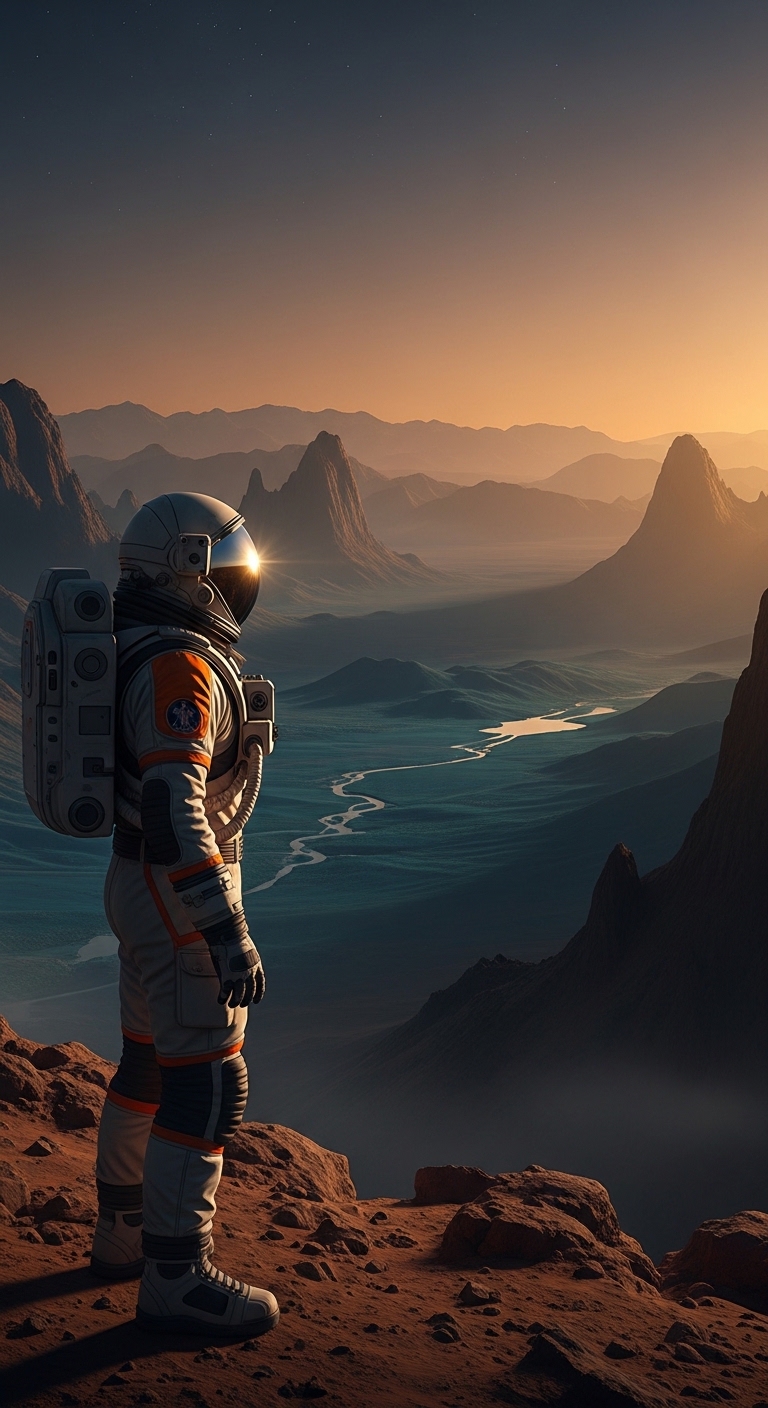 Astronaut overlooking terraformed Mars valley at twilight