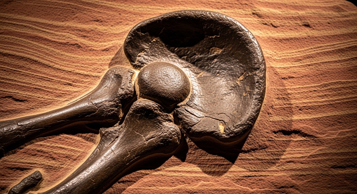 Detalle del encaje de cadera fósil de dinosaurio