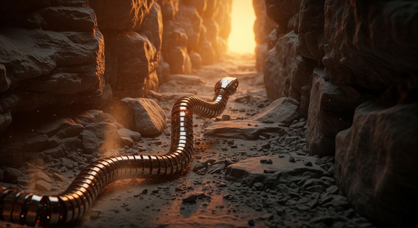 Snake robot navigating through rocky rubble in disaster scenario