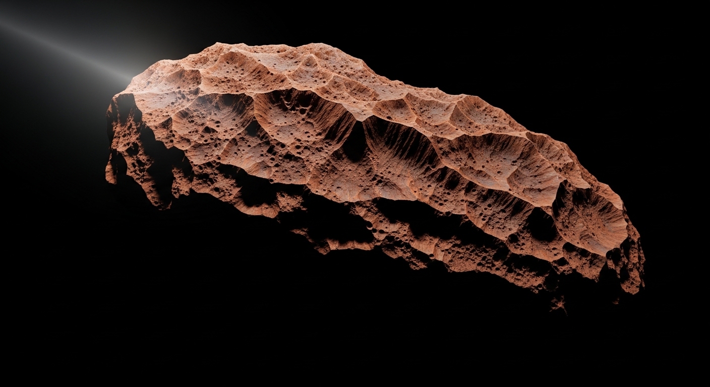 Close-up of reddish interstellar object surface detail