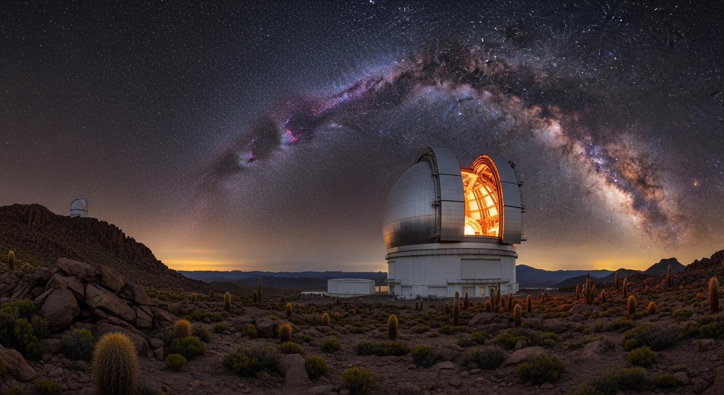 Large telescope dome under Milky Way in Chilean desert