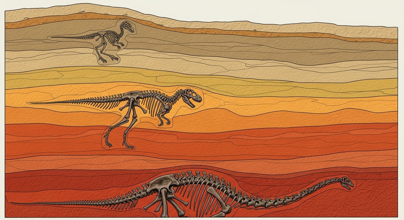 Diagrama de estratos rocosos con fósil de dinosaurio