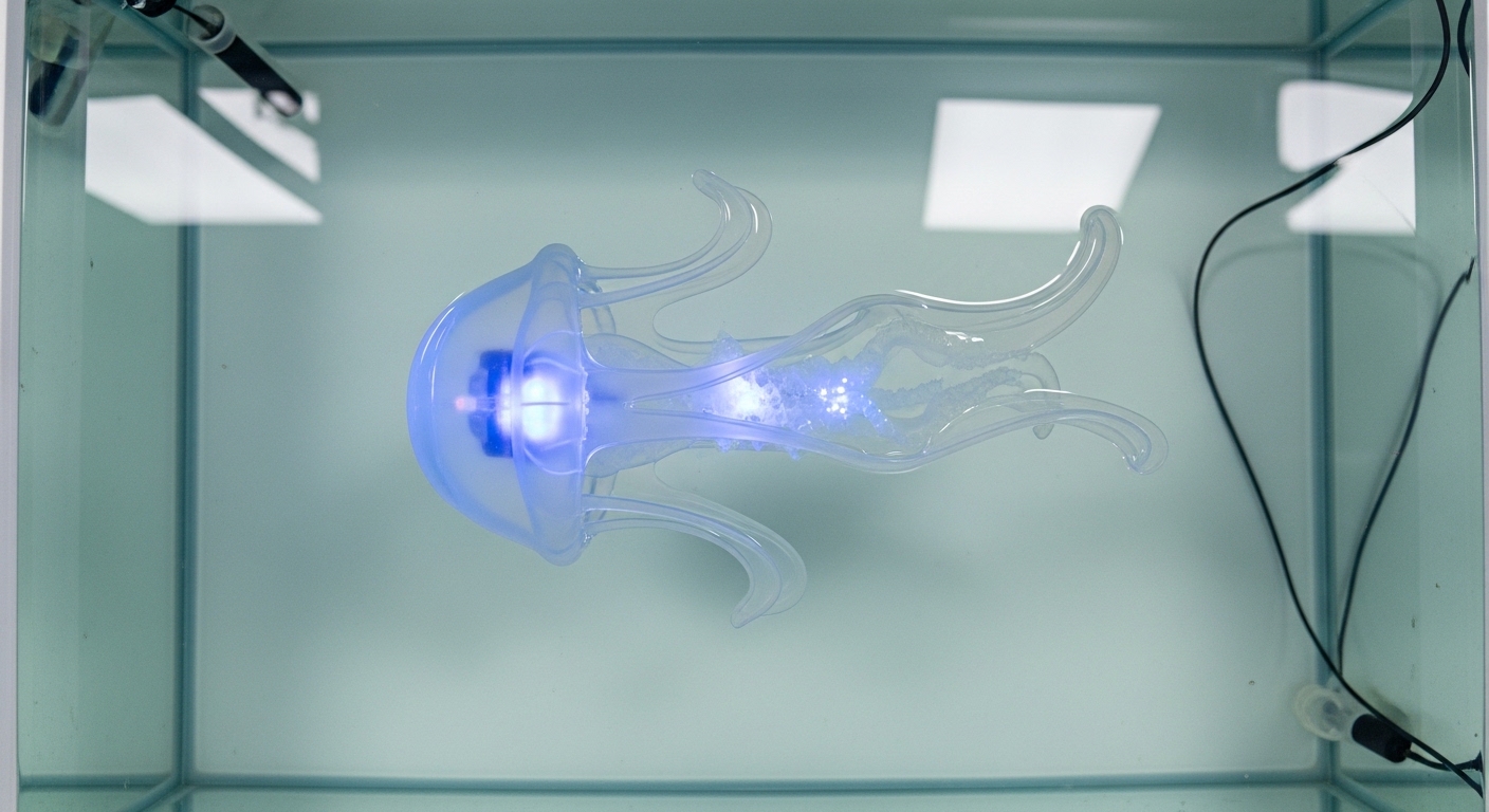 Overhead view of jellyfish-inspired robot in water tank