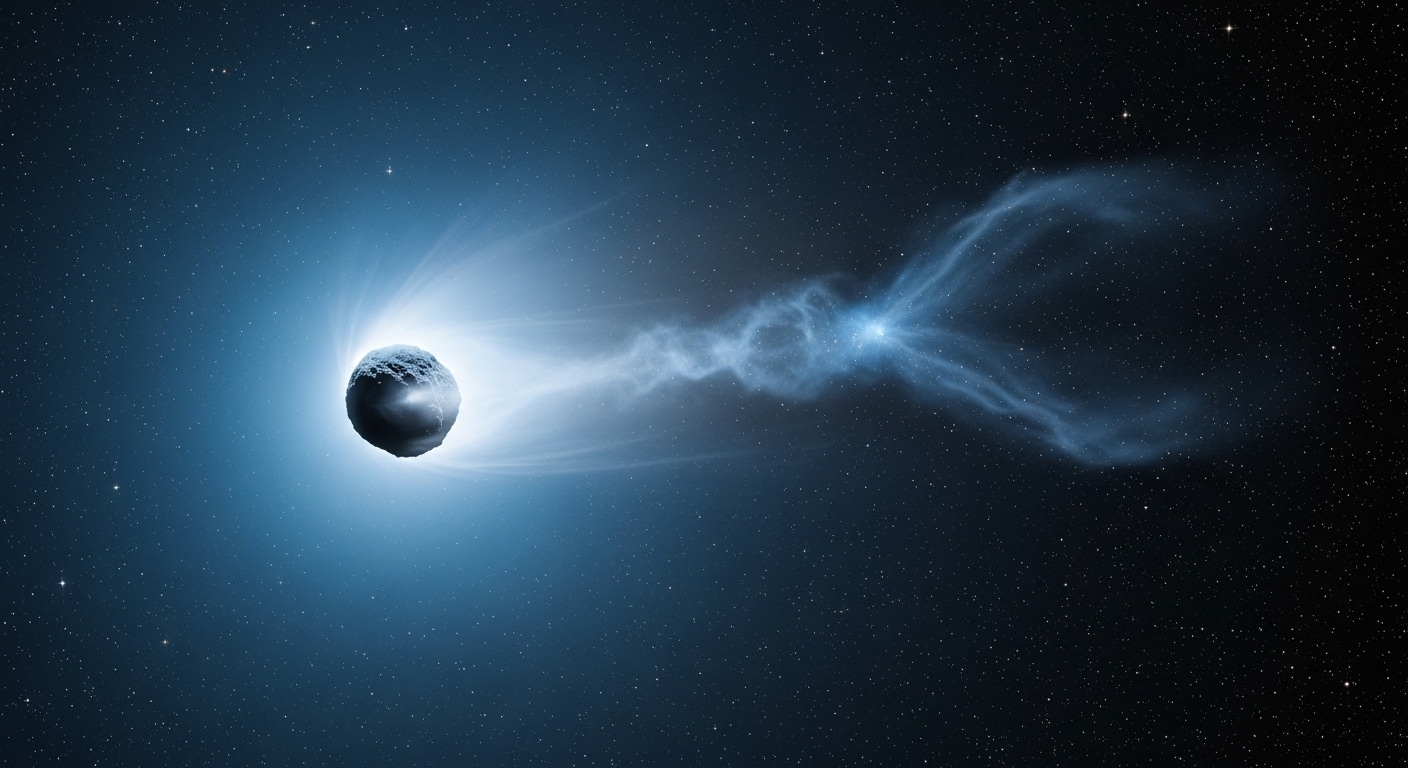 Overhead view of interstellar comet with coma and tail
