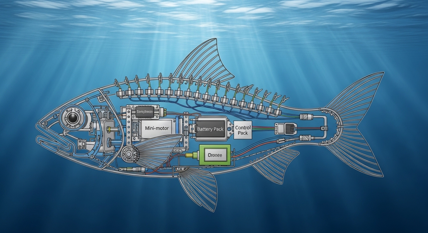 Cutaway diagram of a robotic fish with lateral line sensors