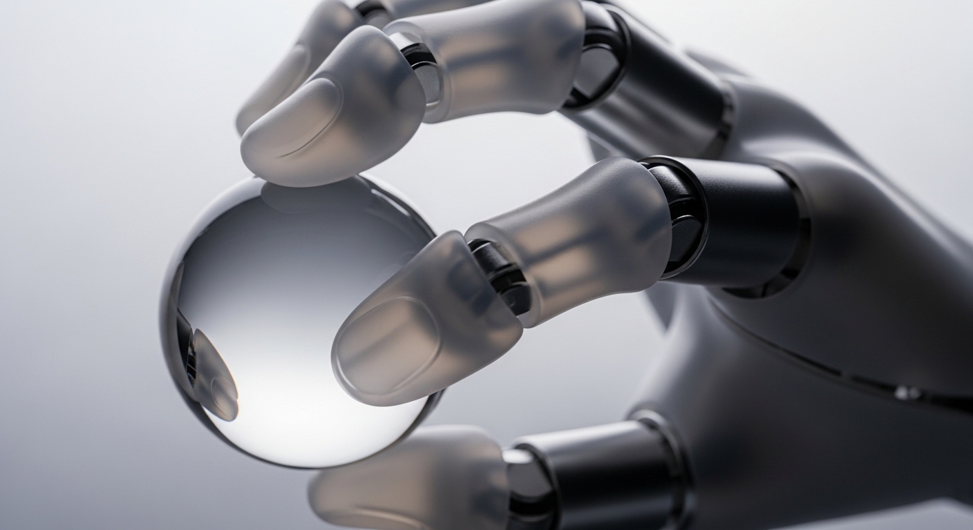 Soft robotic hand gripping a delicate glass sphere
