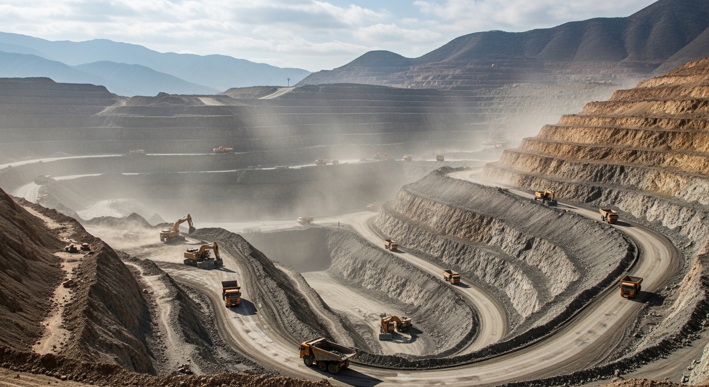 Mineração a céu aberto de terras raras em região montanhosa