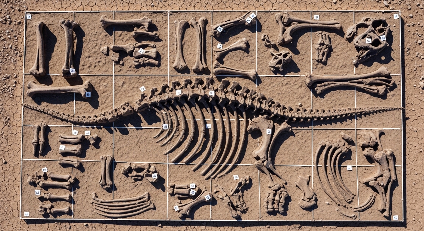 Vista aérea de huesos de dinosaurio en cuadrícula de excavación