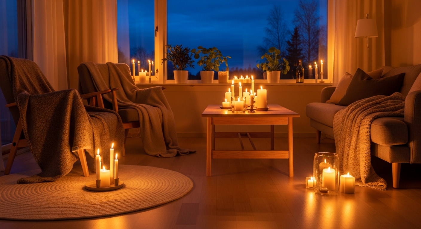 Sala acogedora estilo escandinavo con velas encendidas