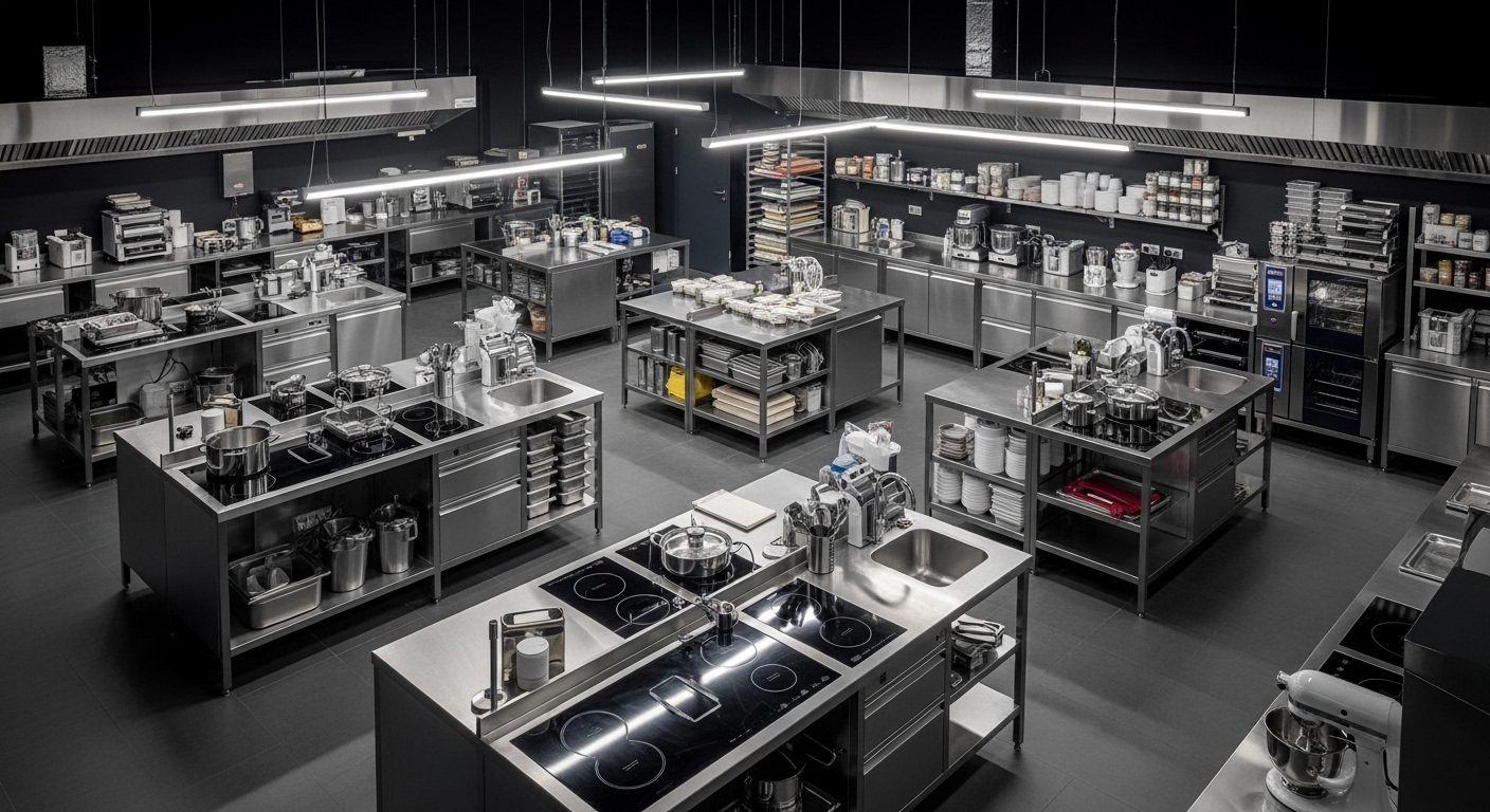 Vista aérea de dark kitchen moderna com estações de preparo