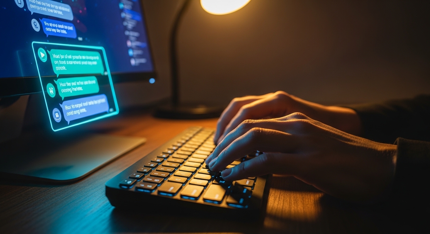 Human hands typing alongside AI chat interface