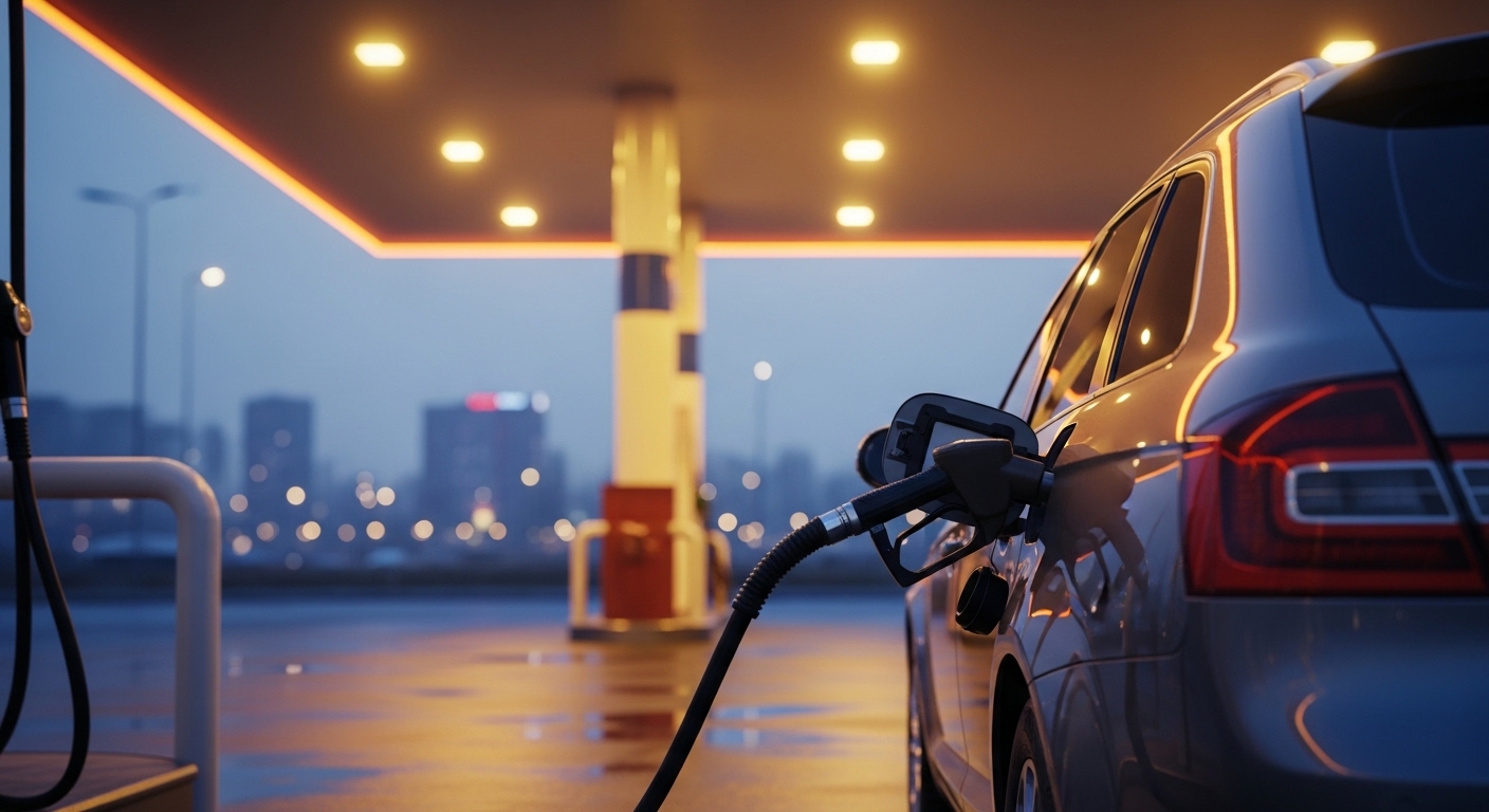 Carro abastecendo em posto de gasolina ao entardecer