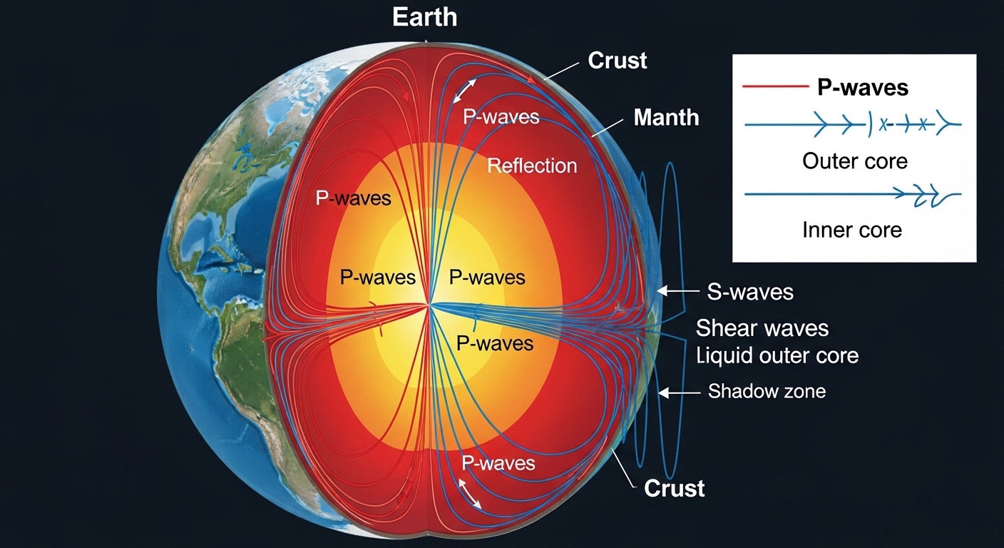 Diagrama de ondas sísmicas atravesando capas terrestres
