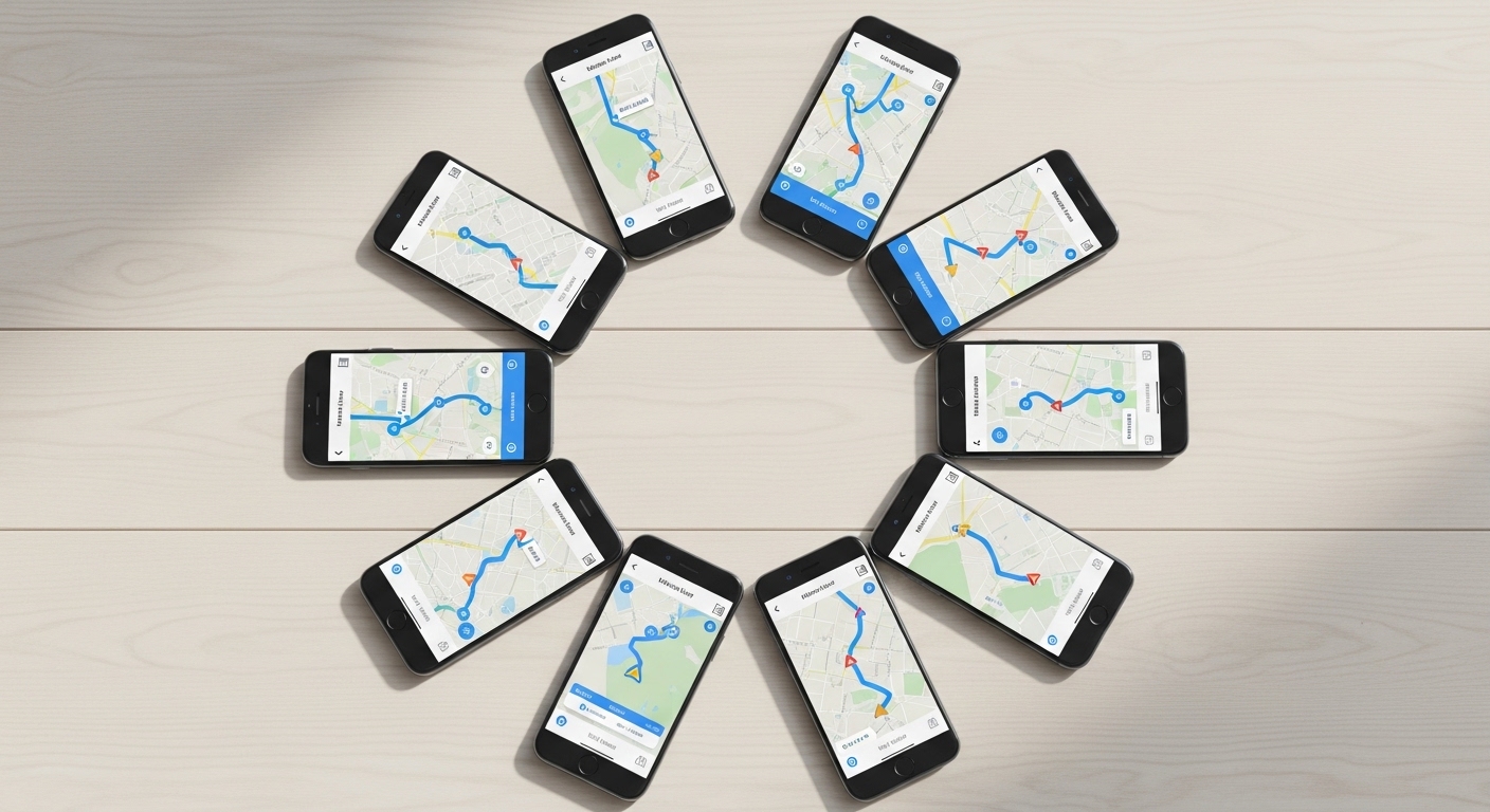 Multiple phones showing different navigation routes overhead