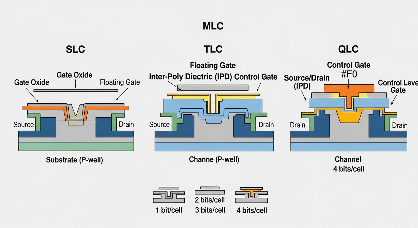 Diagram perbandingan sel NAND SLC MLC TLC QLC