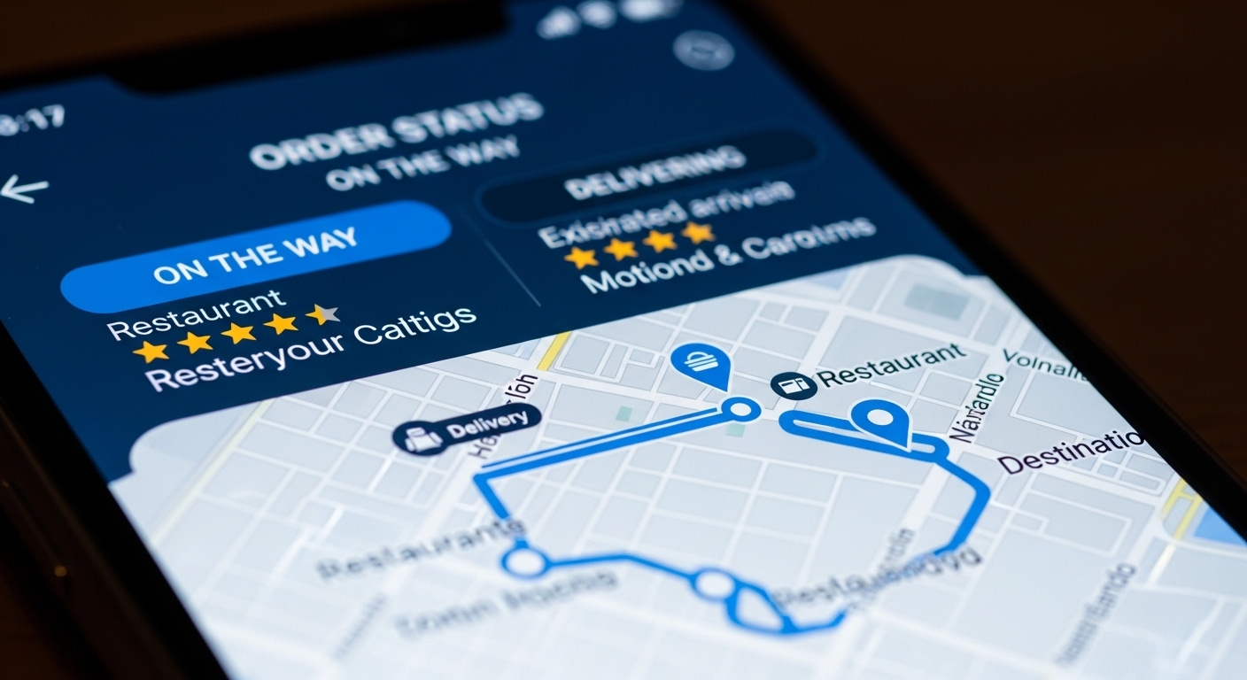 Tela de aplicativo de delivery com pedido em andamento