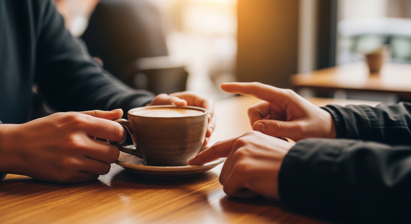 Dos personas en conversación íntima en un café