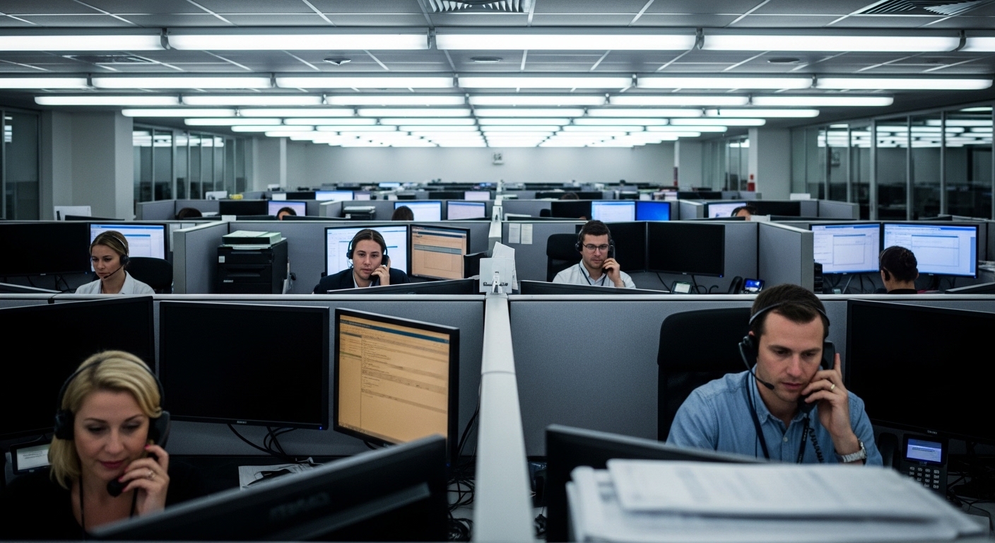 Partially empty call center with some workers at desks