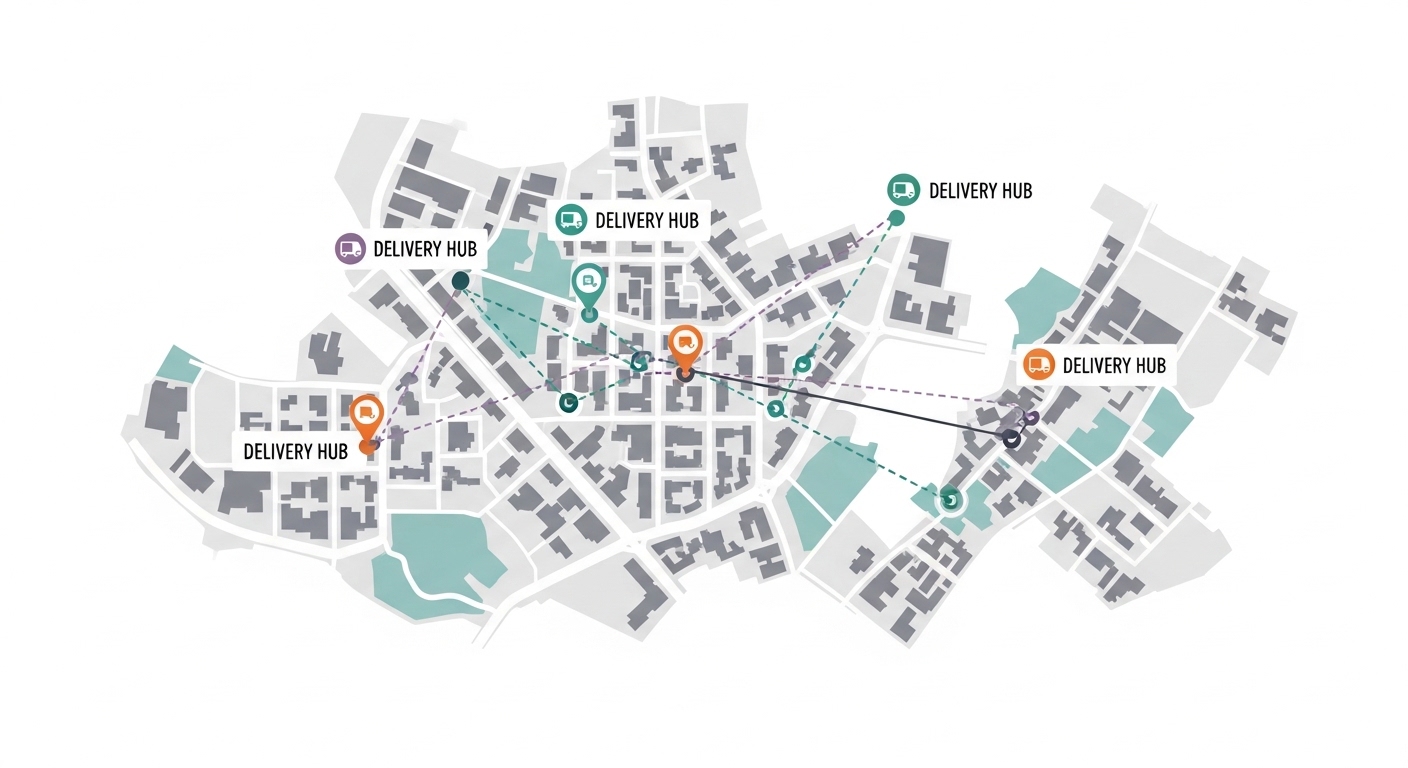 Mapa esquemático de hubs de microentrega em bairro urbano