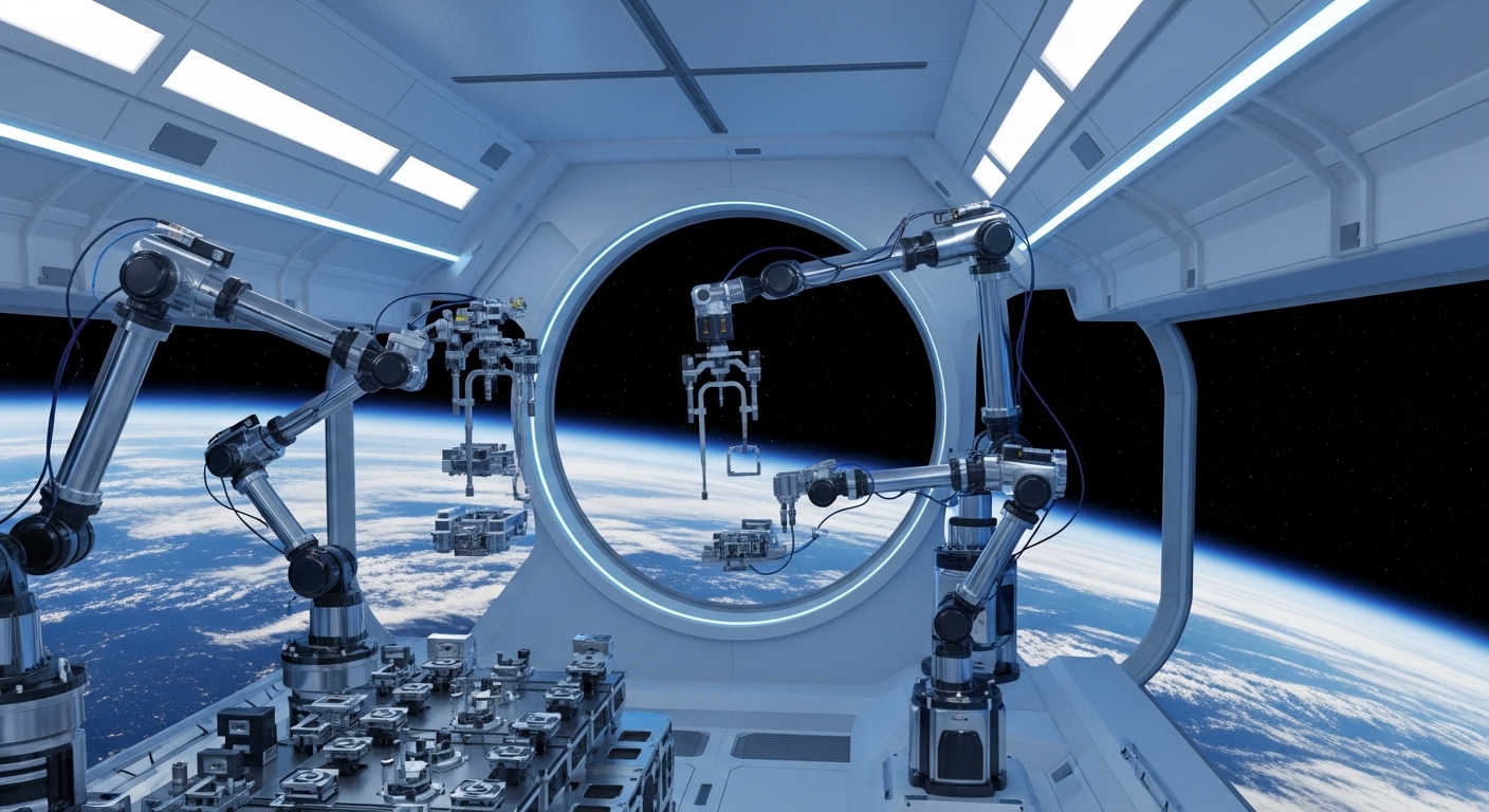 Module de fabrication orbitale avec bras robotiques