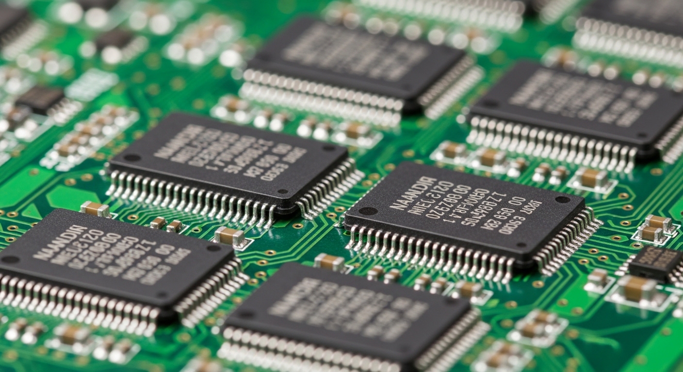 Chip memori NAND flash pada papan sirkuit SSD