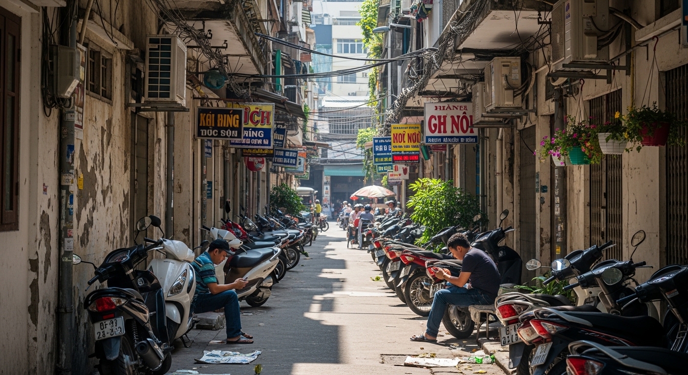 Narrow dead-end alley in Southeast Asian city