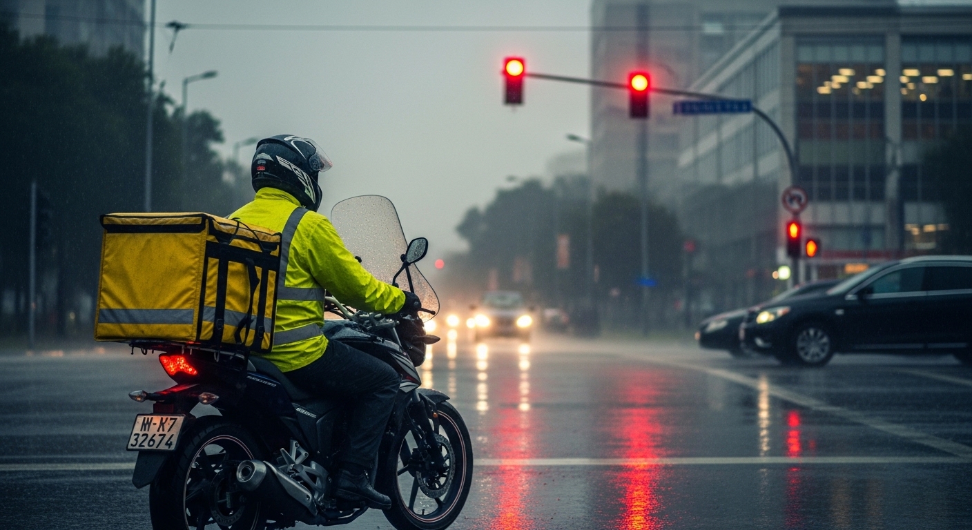 Entregador de moto parado no semáforo sob chuva