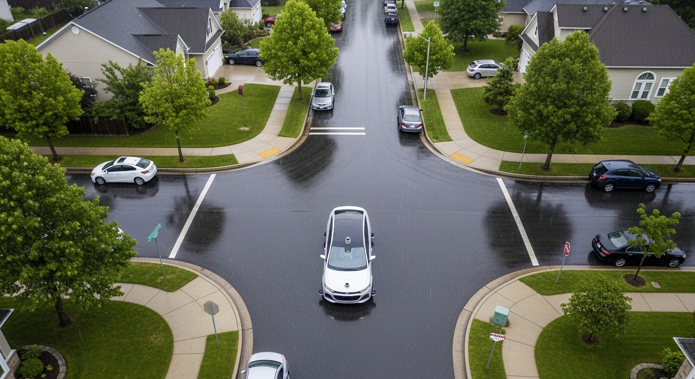 Overhead view of robotaxi stopped in light rain
