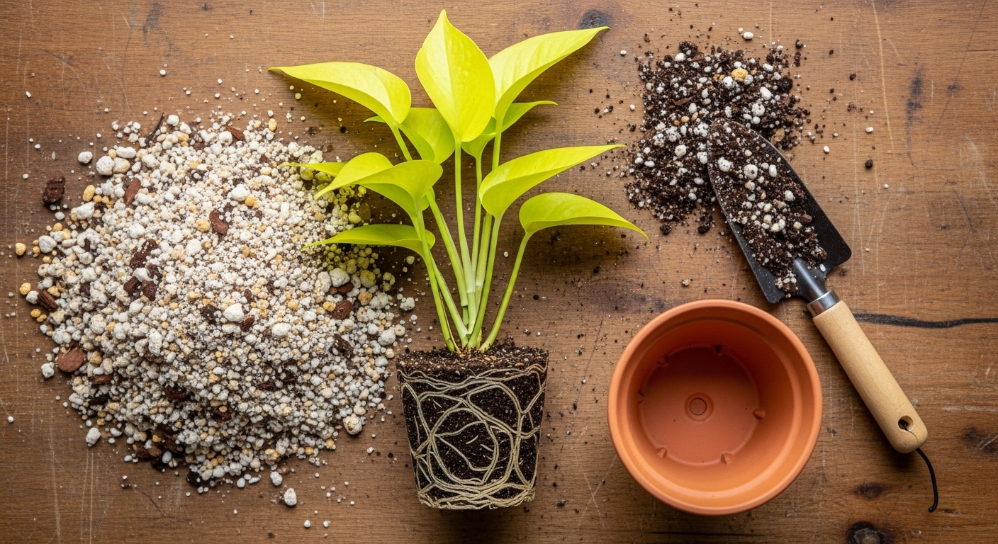 Neon pothos repotting scene with roots and fresh soil mix